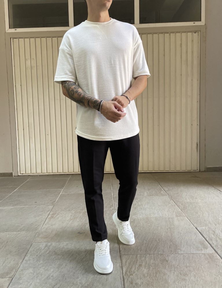 Ανδρικό υφασμάτινο μαύρο παντελόνι με λάστιχο και κουμπί FCL24095Μ φωτογραφία